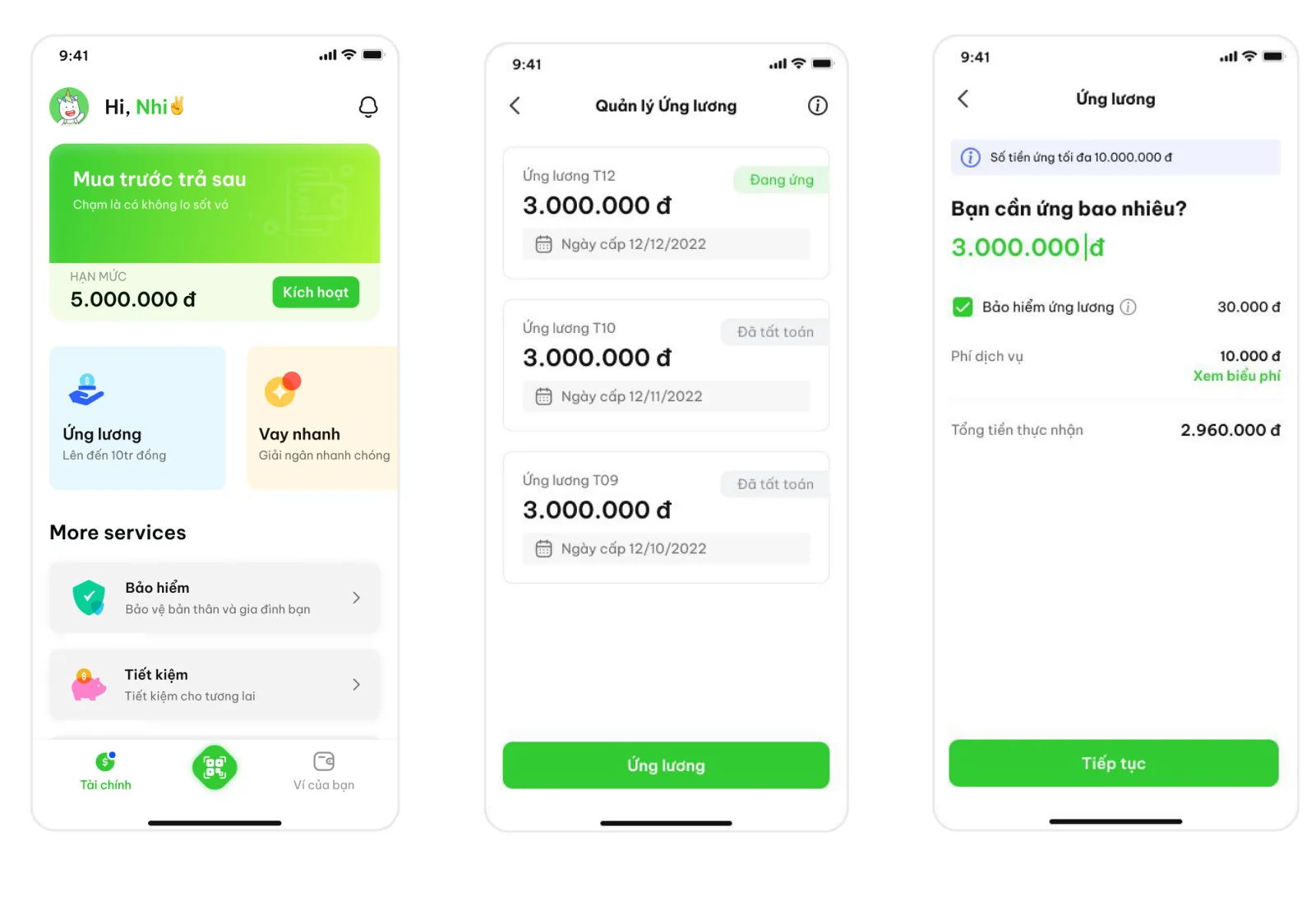 After: home, a salary advance management screen listing past advances, then the amount screen.