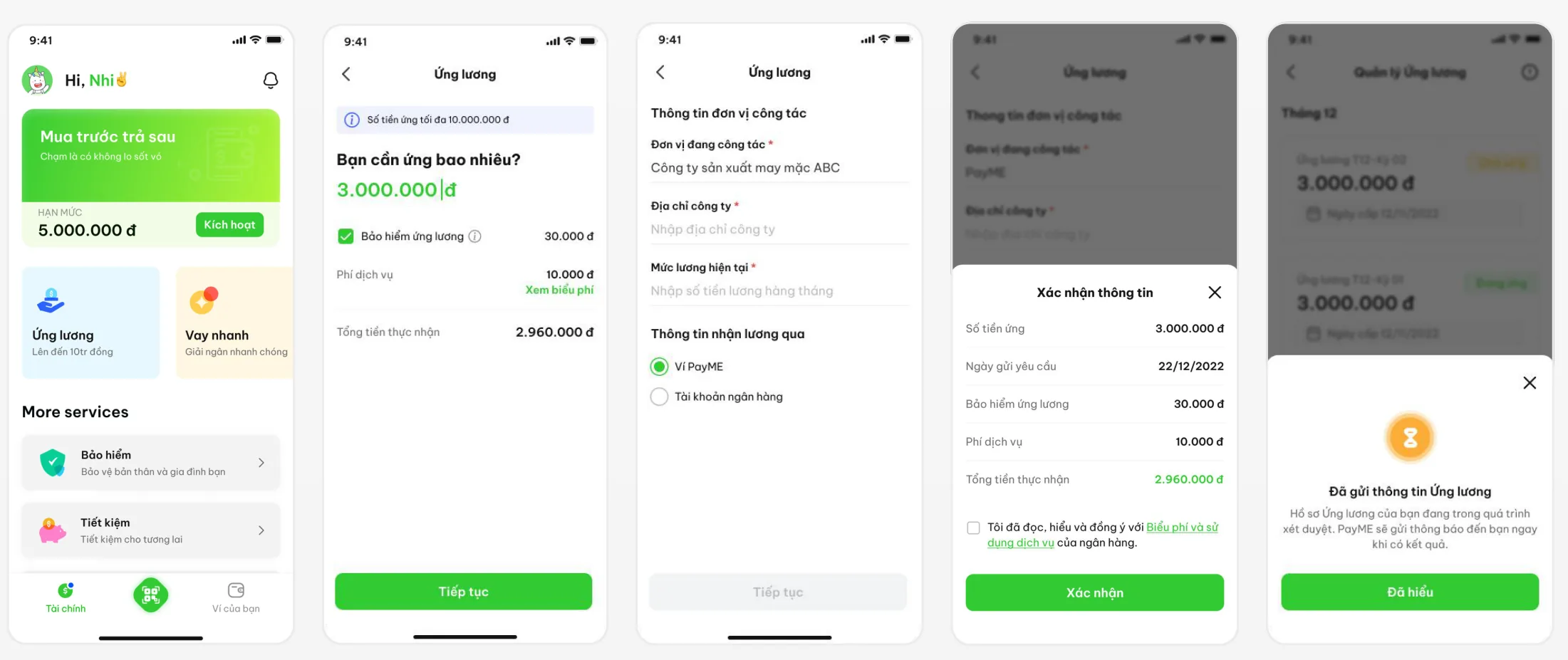 Five screens of the salary advance happy path: home, amount entry, employer details, confirmation and success.