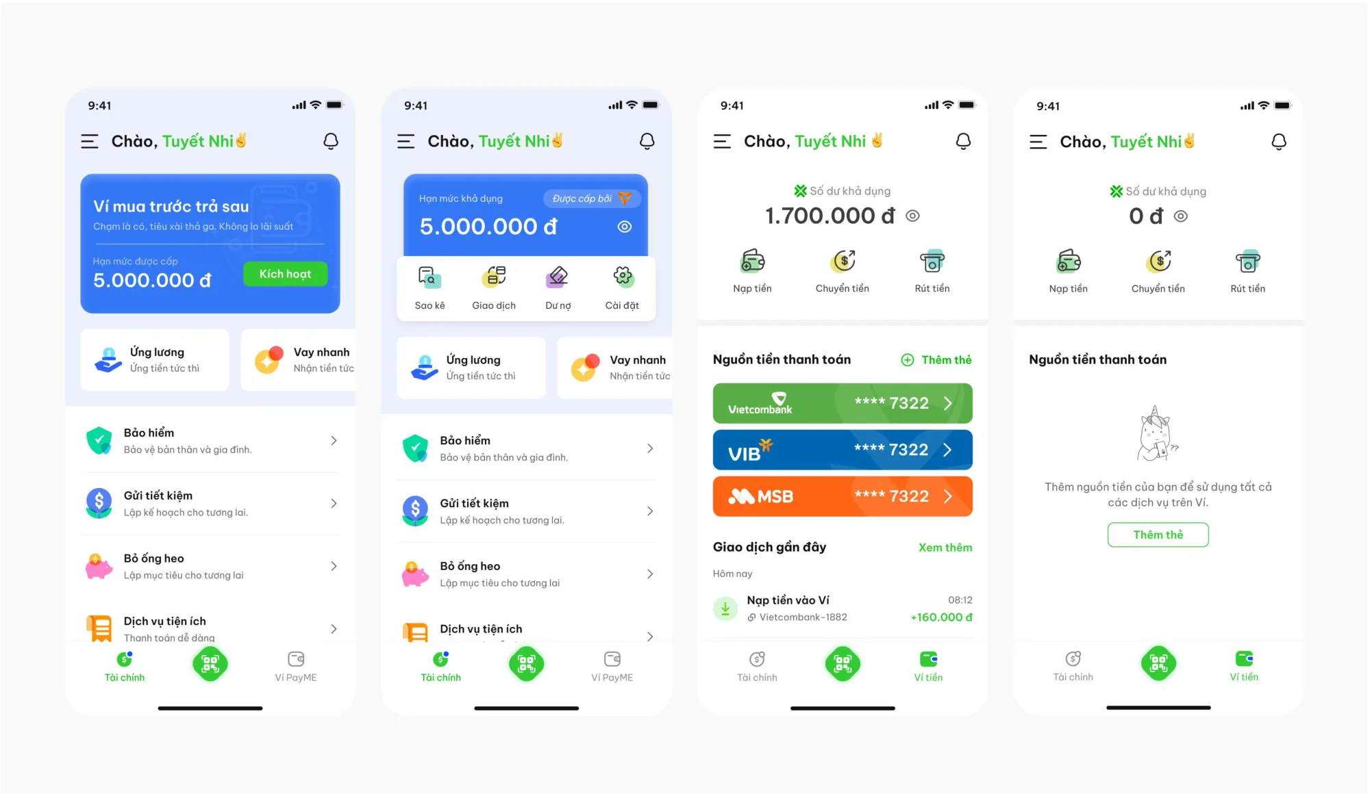 Four home screen variants: buy now pay later offer, active balance, linked bank accounts, and an empty state.