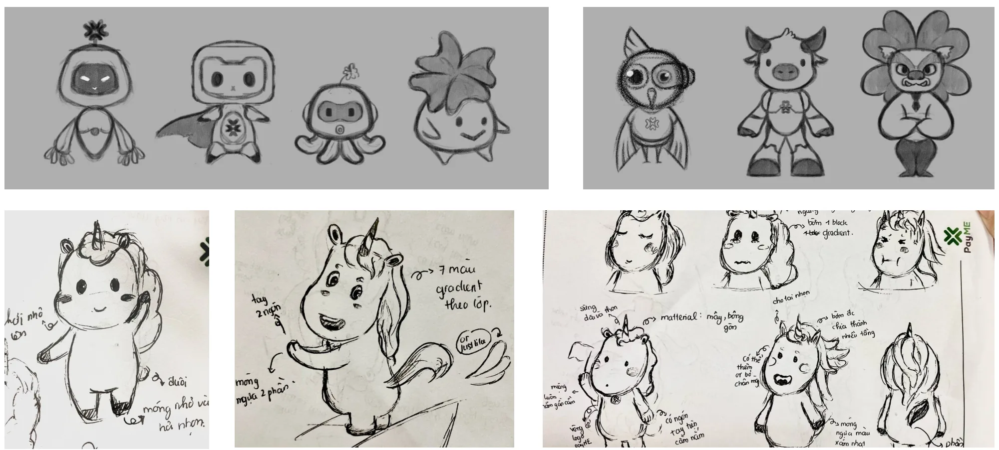 Pencil sketches of mascot concepts, including robots, animals and a unicorn.