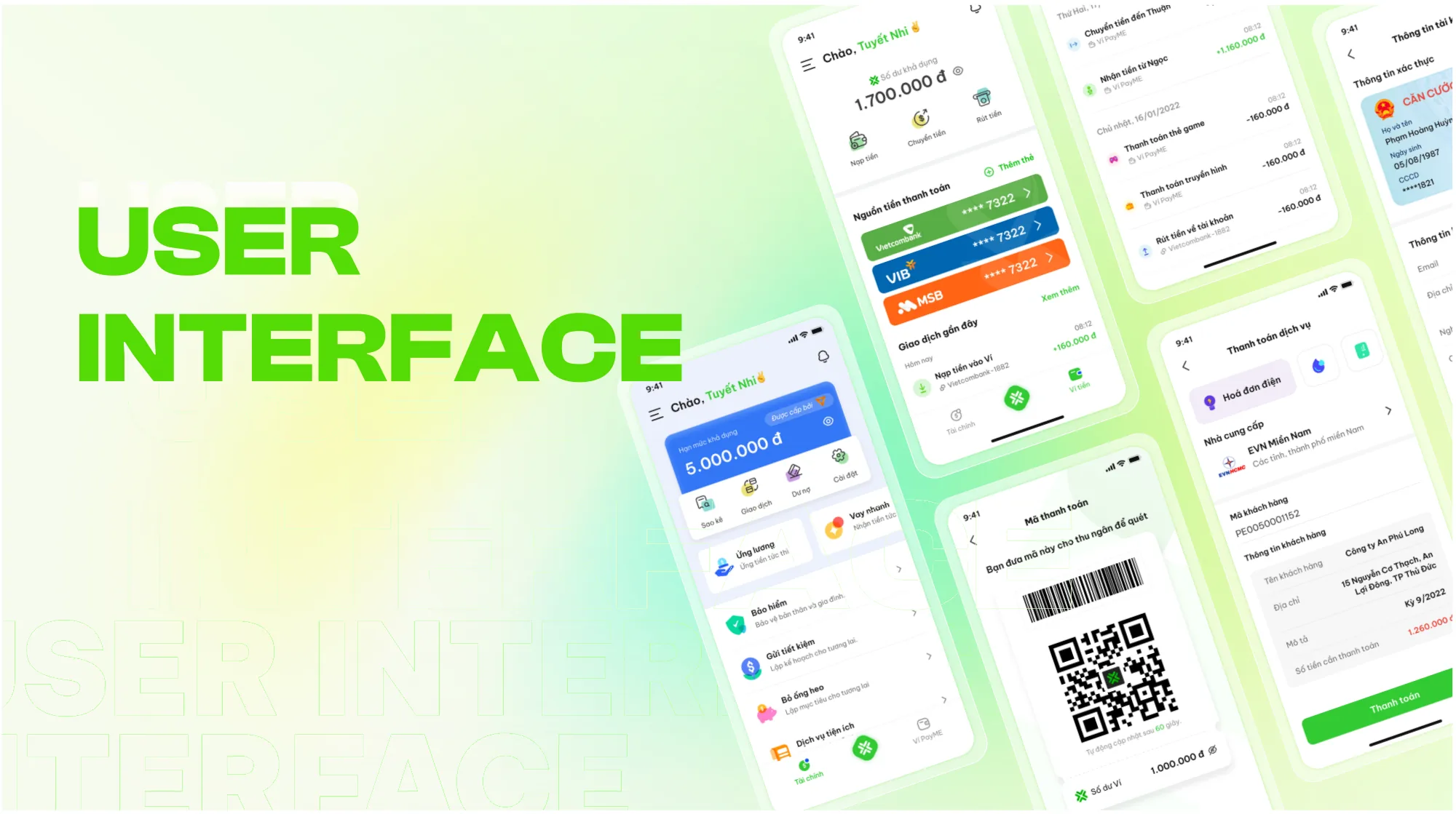 PayME user interface showcase with several app screens on a bright green background.