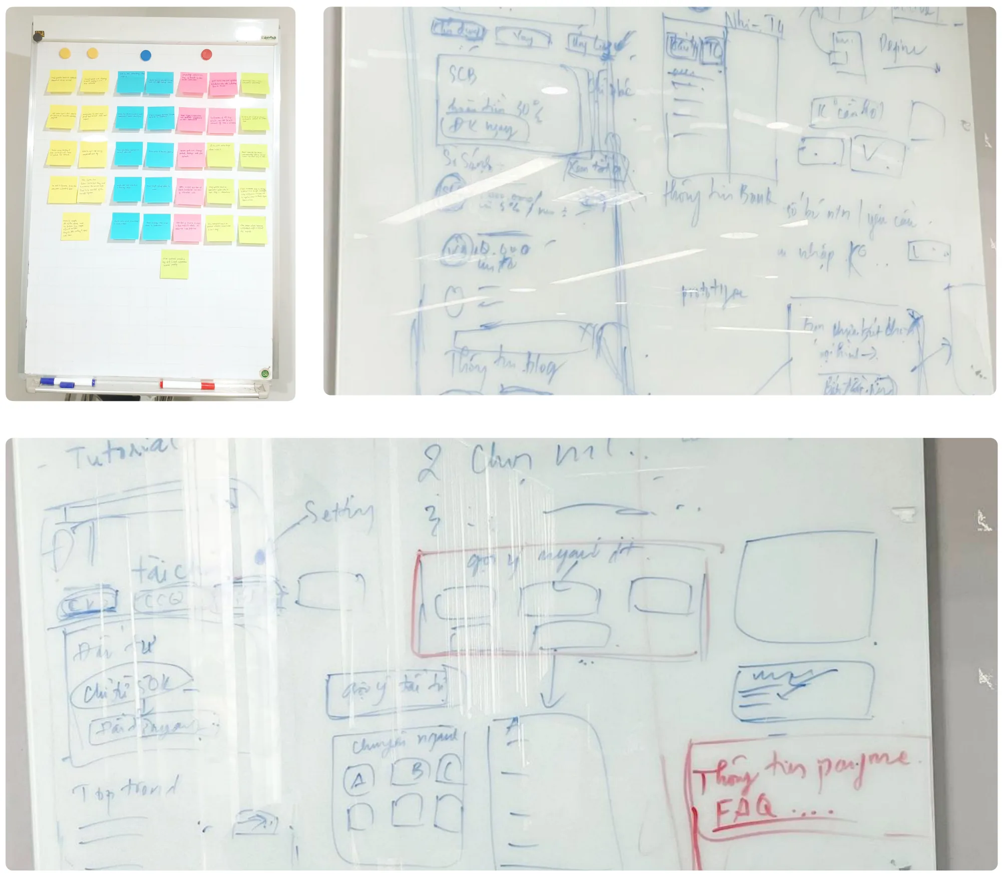 Whiteboard sketches and sticky notes from product ideation sessions.