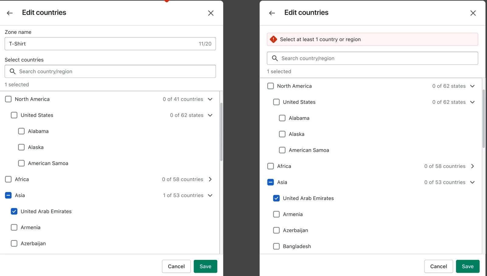 Edit countries panel grouped by continent with selection counts, and a version showing the error: select at least one country or region.