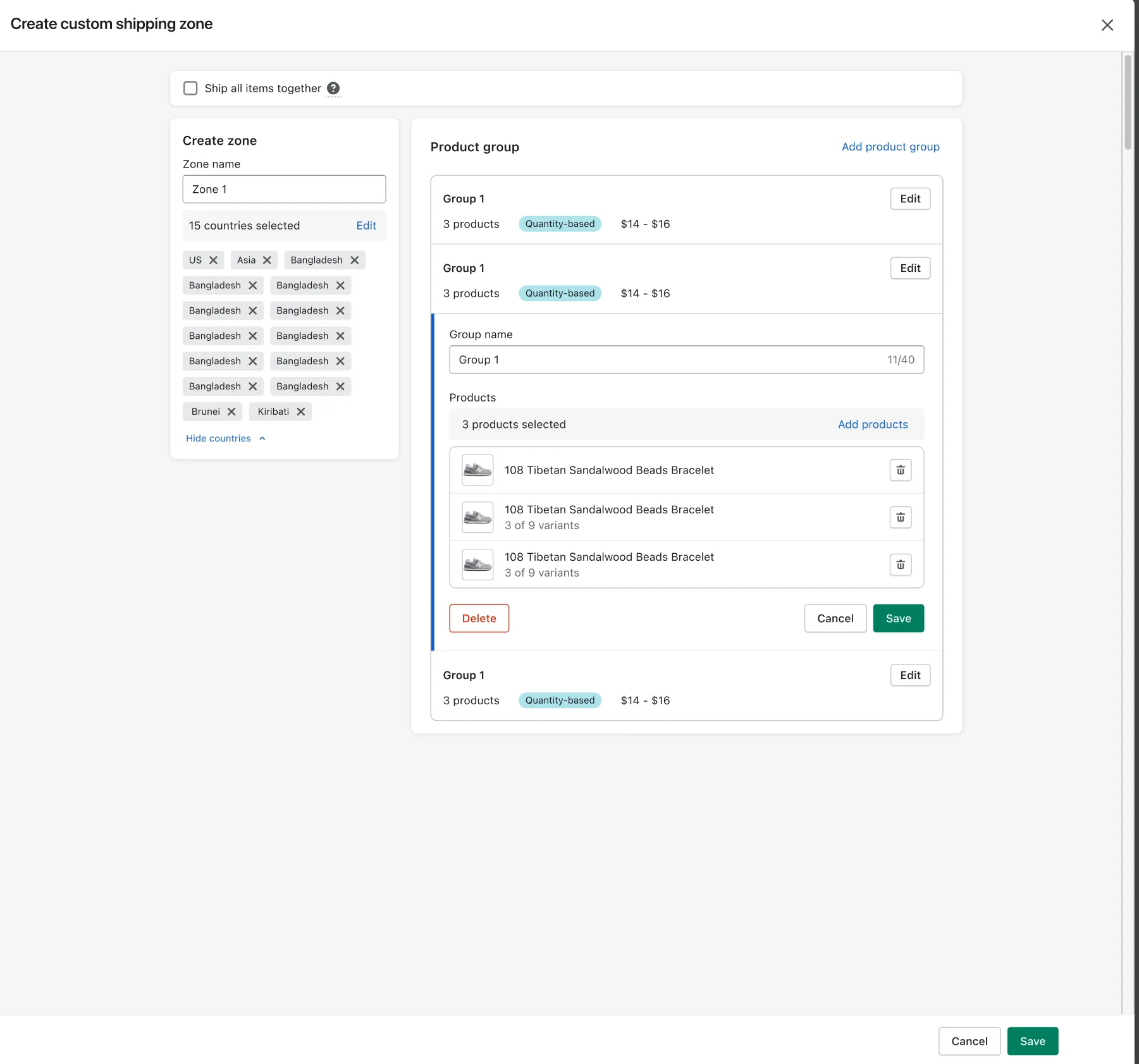 Create custom shipping zone modal. Zone details and selected countries on the left. Several product groups on the right, one being edited with three products.