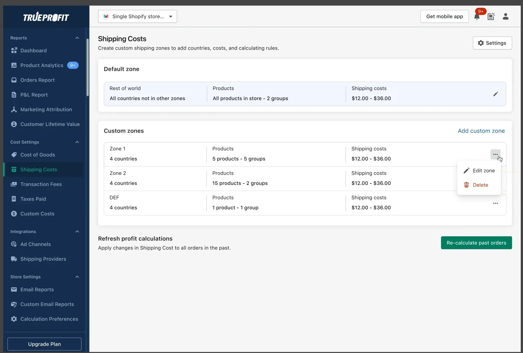 Shipping Costs page with a default zone and three custom zones, each summarizing countries, product groups and cost ranges, with edit and delete actions.