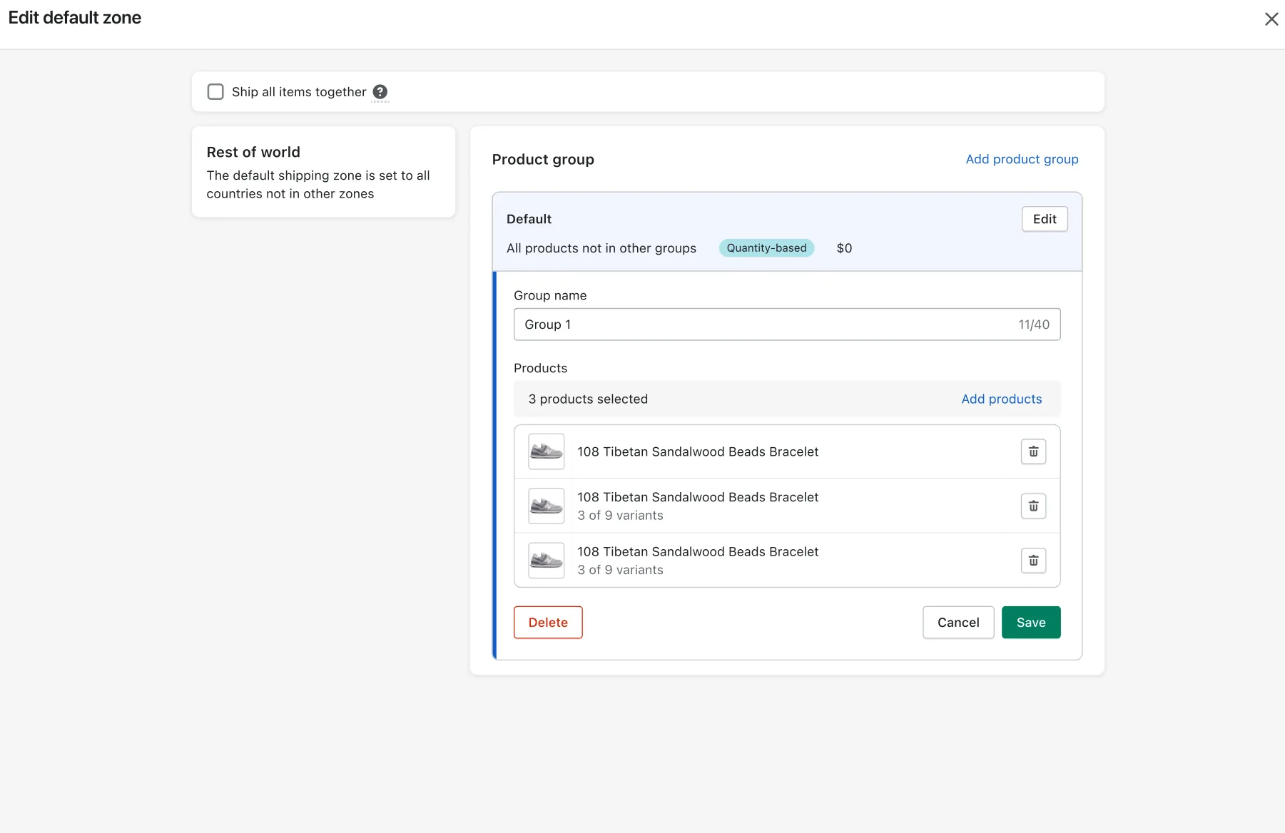Edit default zone modal with a new product group named Group 1 containing three selected products.
