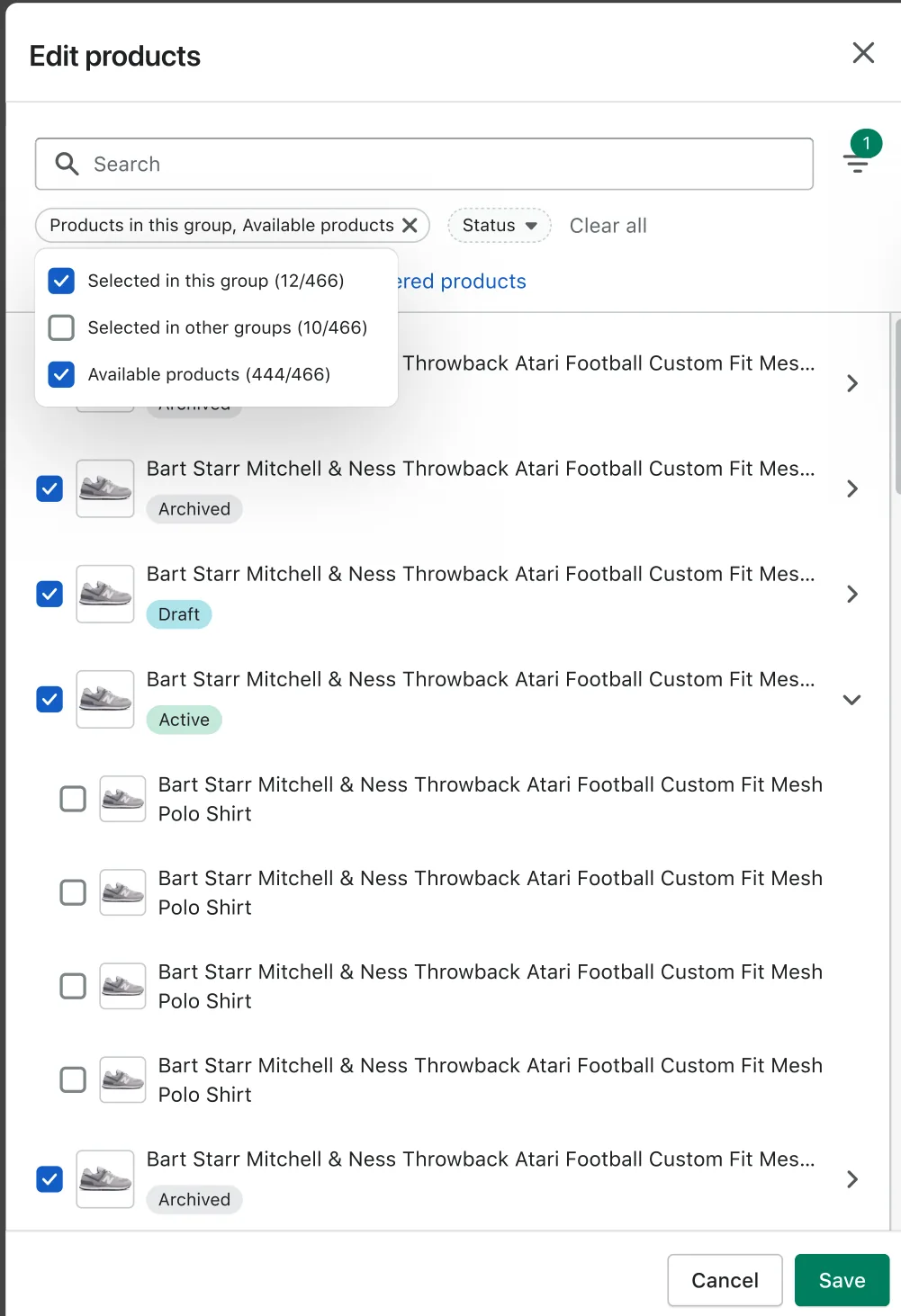Edit products picker with filters for products selected in this group, selected in other groups, and available products.
