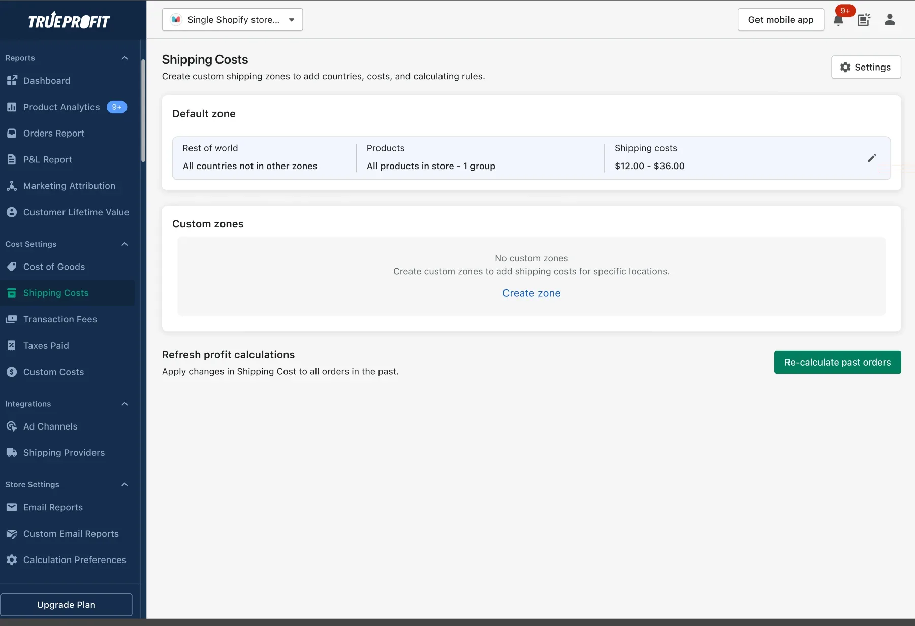 Shipping Costs page. A Default zone card shows Rest of world, all products in store as one group, and shipping costs of 12 to 36 dollars. Below is an empty Custom zones section with a Create zone link.
