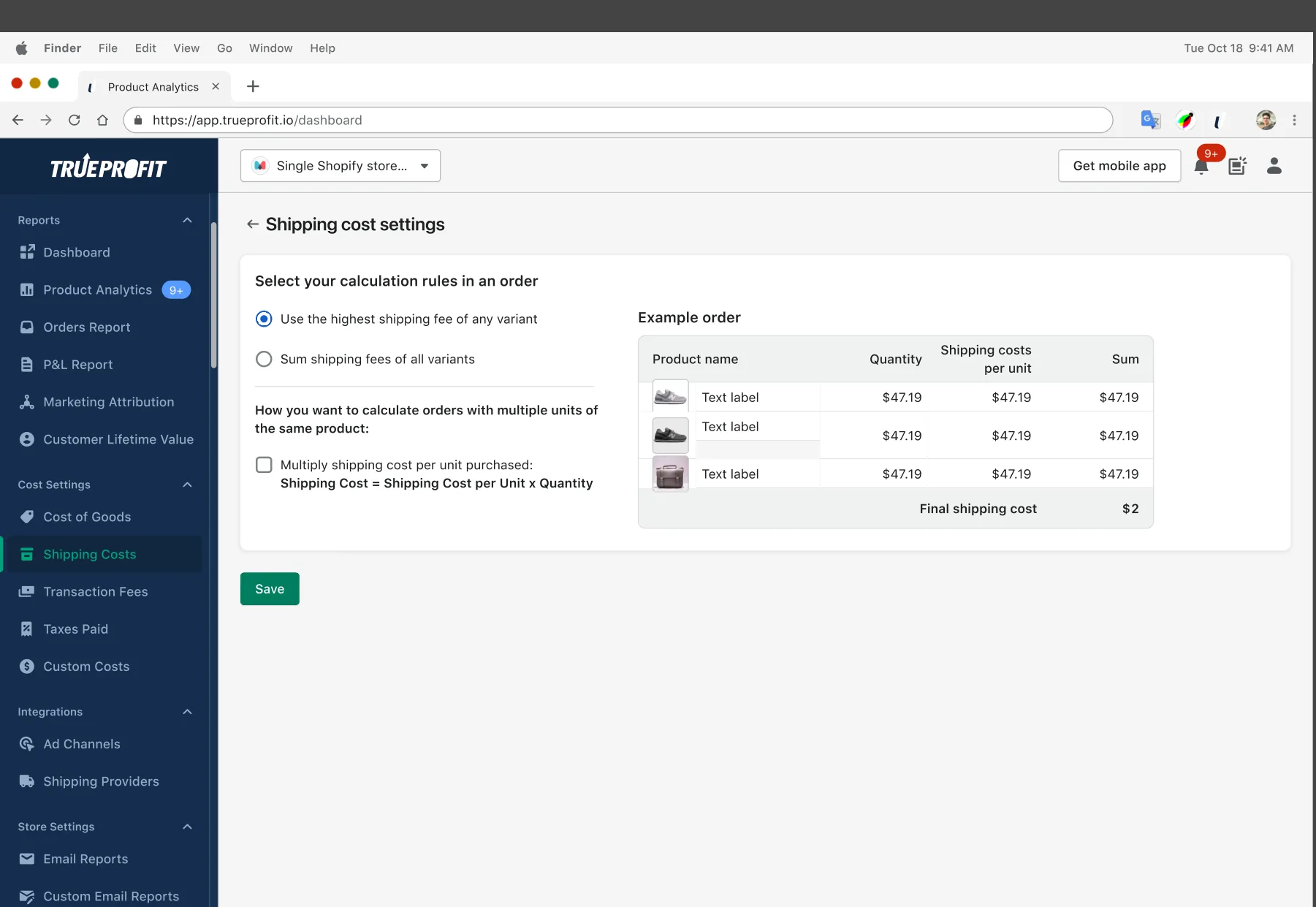 Shipping cost settings page with two calculation options, use the highest shipping fee of any variant or sum shipping fees of all variants, plus a multiply-per-unit checkbox and a live example order table.