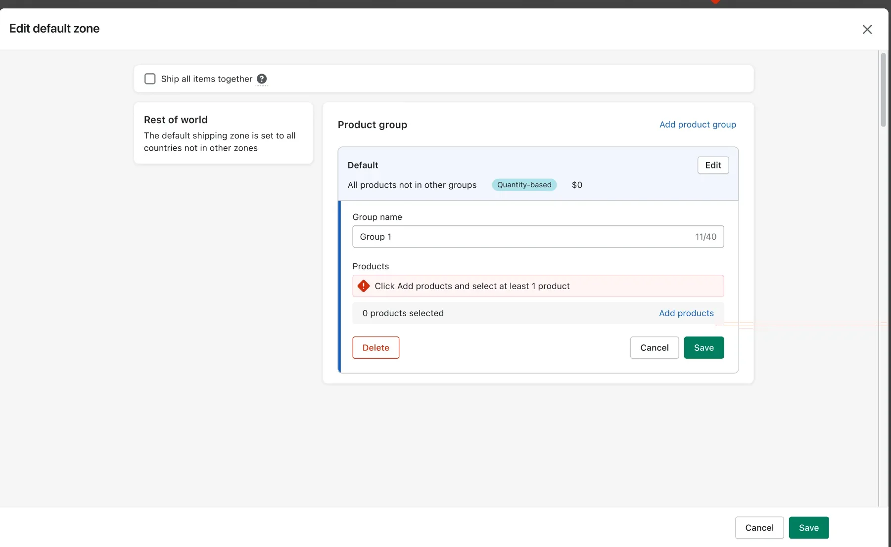 Product group form with an inline error: click Add products and select at least one product.